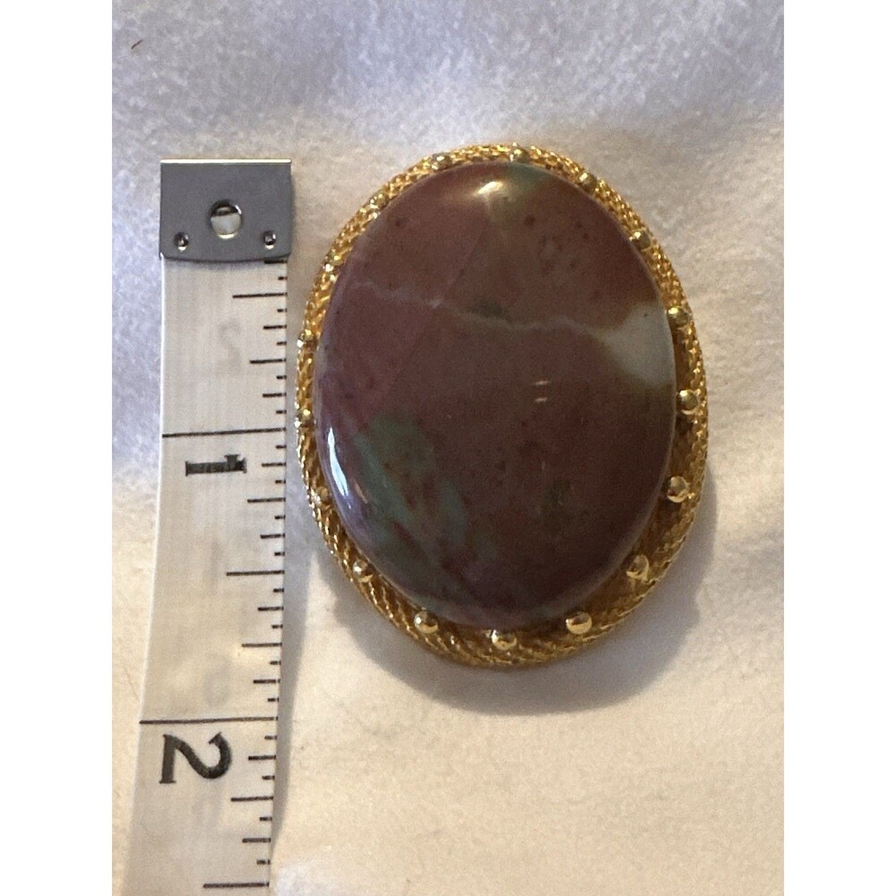 Vintage Jasper Stone Brooch Gold Tone Large Oval Cabochon Statement Pin - Picture 2 of 7